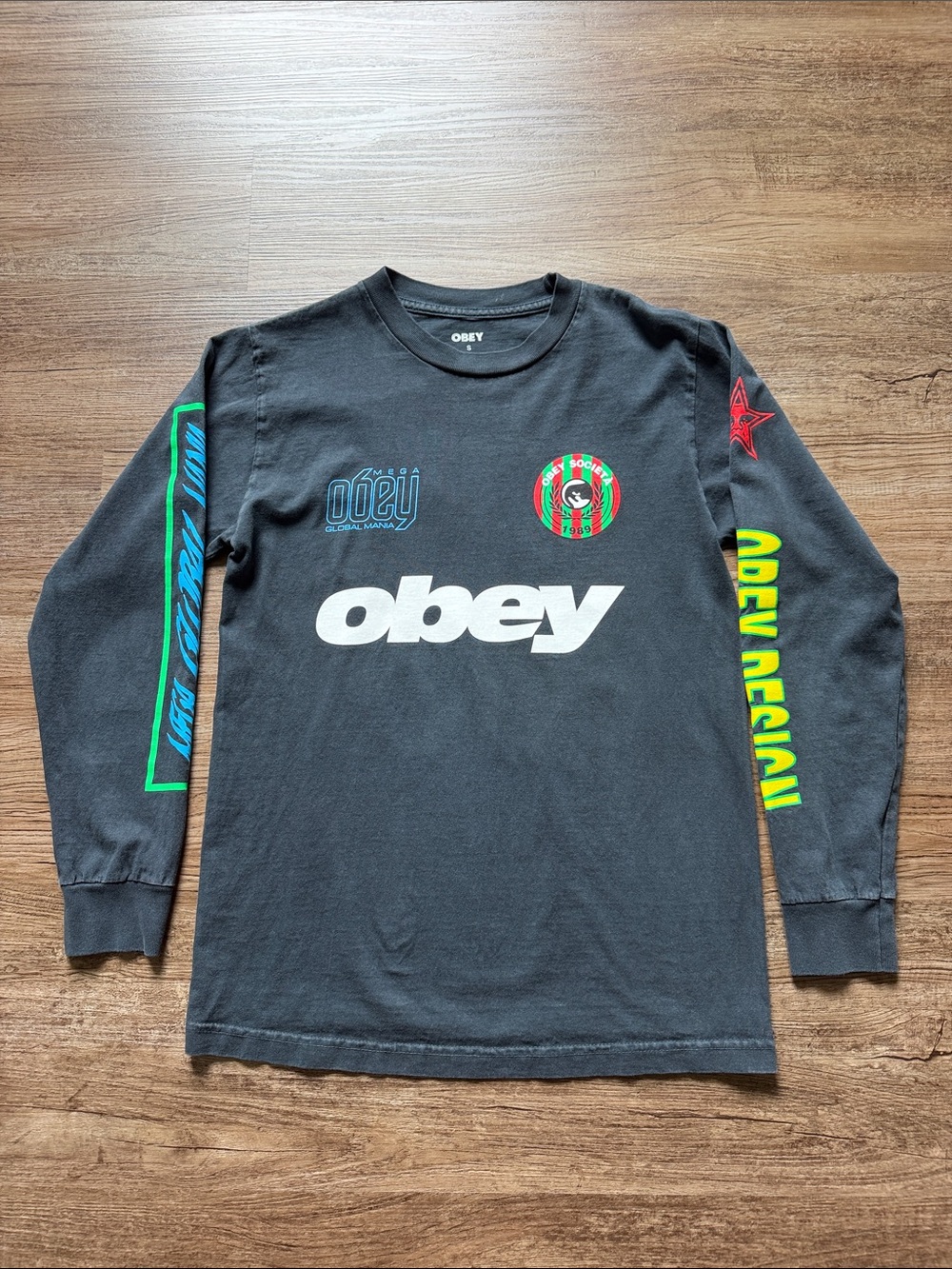 Obey Black Long Sleeve 'Mega Global Mania' Graphic Tee with Red 89